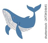 Flat vector illustration in children's style. Cute blue whale on white background 