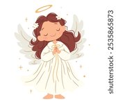 Flat vector illustration in children's style. Cute little angel praying. Children's illustration on white background