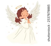 Flat vector illustration in children's style. Cute little angel praying. Children's illustration on white background
