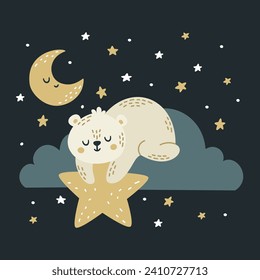 Flat vector illustration in children's style. Cute polar white bear sleeping on a cloud. Holds a star in his paws. Night sky and moon 