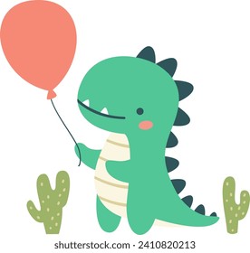 Flat vector illustration in children's style. Cute dinosaur holding a balloon, cacti