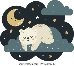 Flat vector illustration in children's style. Cute polar white bear sleeping on a cloud. Night sky and moon 