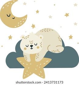 Ilustración vectorial plana al estilo de los niños. Oso blanco polar lindo durmiendo en una nube. Tiene una estrella en sus patas. Cielo nocturno y luna 