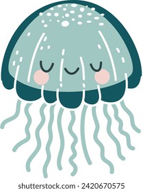 Flat vector illustration in children's style. Cute jellyfish with smiling face on white background 