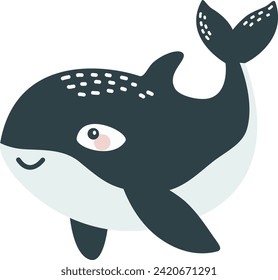 Flat vector illustration in children's style. Cute killer whale with smiling face on white background 