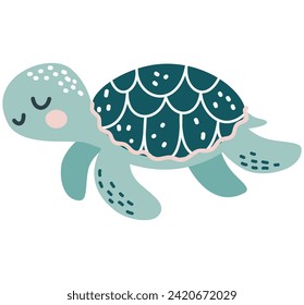 Ilustración vectorial plana al estilo de los niños. Tortuga corta con cara sonriente sobre fondo blanco 