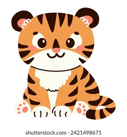 Flat vector illustration in children's style. Cute tiger cub sitting on white background 