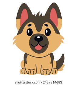 Flat vector illustration in children's style. Cute German Shepherd puppy on white background 