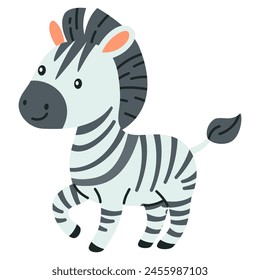 Flache Vektorillustration im Kinderstil. Nettes Zebra auf weißem Hintergrund 