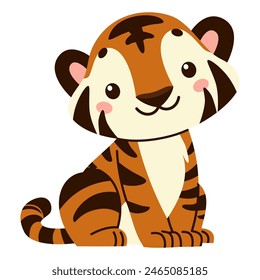 Flat vector illustration in children's style. Cute tiger cub on white background 