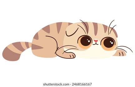 Flat vector illustration in children's style on white background. Cute kitten with big eyes is hunting