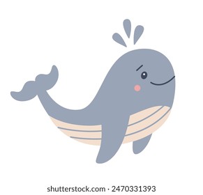 Flat vector illustration in children's style. Cute whale with smiling face on white background