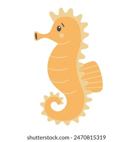 Flat vector illustration in children's style. Cute seahorse with smiling face on white background