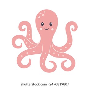 Ilustración vectorial plana en estilo infantil. Pulpo lindo con cara sonriente sobre fondo blanco