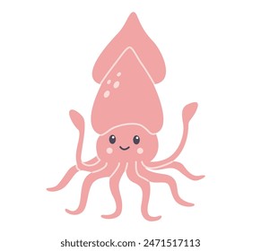 Flat vector illustration in children's style. Cute squid with smiling face on white background