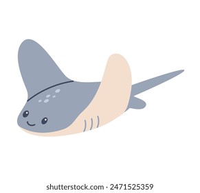 Flat vector illustration in children's style. Cute manta ray, stingray, cramp fish with smiling face on white background