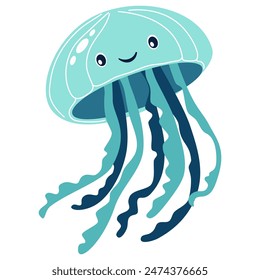 Flat vector illustration in children's style. Cute jellyfish with smiling face on white background 
