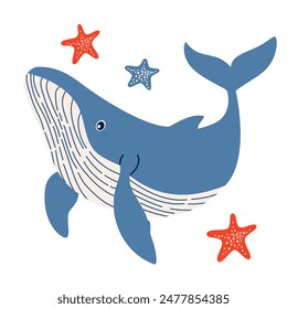 Flat vector illustration in children's style. Cute blue whale and starfish on white background 