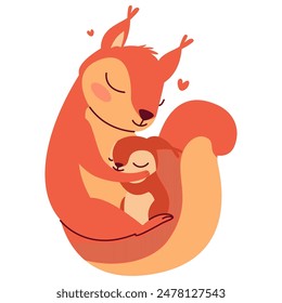 Ilustración vectorial plana en estilo infantil sobre fondo blanco. Ardilla linda abrazando a su bebé, amor maternal 