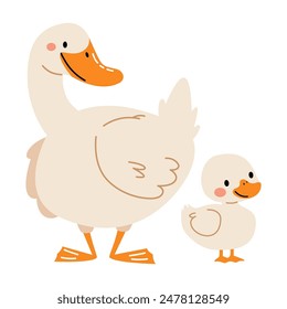 Flat vector illustration in children's style on white background. Cute goose and goose 