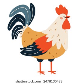 Flat vector illustration in children's style on white background. Cute rooster