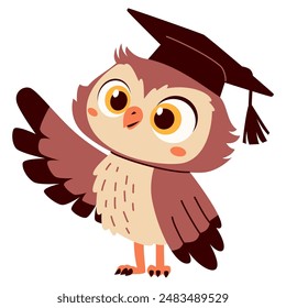 Flat vector illustration in children's style on the theme of learning and school. Cute owl in graduation cap points something with wing 