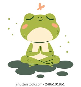 Flat vector illustration in children's style. Cute frog sitting in lotus pose and meditating 