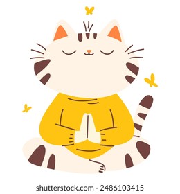 Flat vector illustration in children's style. Cute cat sitting in lotus pose and meditating 