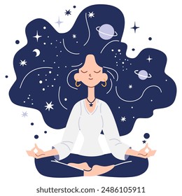 Flat vector illustration in children's style. Cute girl sitting in lotus pose and meditating, space and planets in her hair 