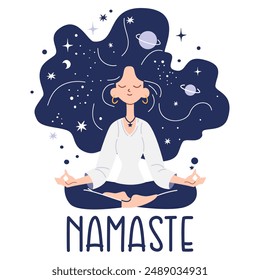 Flat vector illustration in children's style. Cute girl sitting in lotus pose and meditating, space and planets in her hair and it says Namaste. 