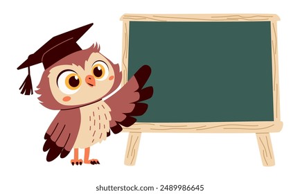 Flat vector illustration in children's style. Cute owl with glasses is pointing at a school blackboard. Place for your text 