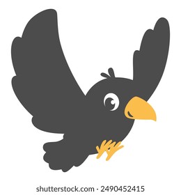 Flat vector illustration in children's style. Cute flying crow 