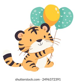 Ilustración vectorial plana en estilo infantil sobre fondo blanco. Tigre lindo que sostiene los globos, fiesta de cumpleaños