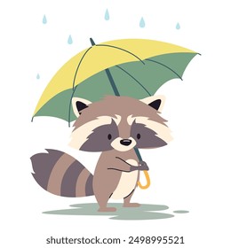 Flat vector illustration in children's style. Cute raccoon standing in the rain under an umbrella. 