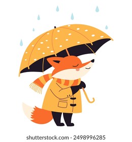 Flat vector illustration in children's style. Cute fox in a coat standing in the rain under an umbrella. 