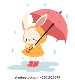 Flat vector illustration in children's style. Cute bunny in raincoat and rubber boots standing in the rain under an umbrella. 