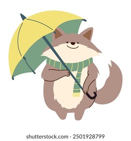 Flat vector illustration in children's style on white background. Cute wolf wearing a scarf holding an umbrella in the rain. Cute fall illustration