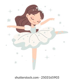 Flat vector illustration in children's style. Cute ballerina dancing on white background