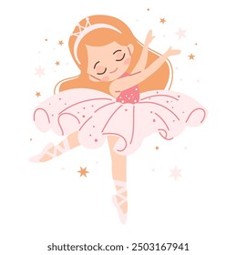 Flat vector illustration in children's style. Cute ballerina dancing on white background