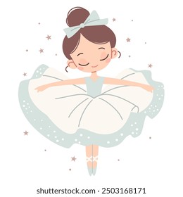 Ilustración vectorial plana en estilo infantil. Bailarina linda que baila en el fondo blanco