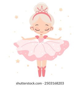 Flat vector illustration in children's style. Cute ballerina dancing on white background