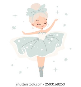 Ilustración vectorial plana en estilo infantil. Bailarina linda que baila en el fondo blanco