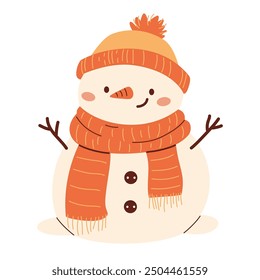 Flat vector illustration in children's style on New Year's theme. Cute snowman in a hat and mittens 