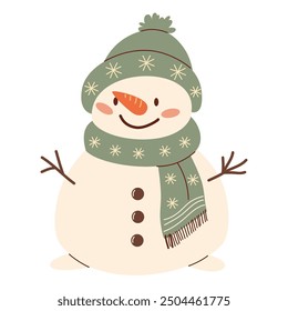 Flat vector illustration in children's style on New Year's theme. Cute snowman in a hat and mittens 