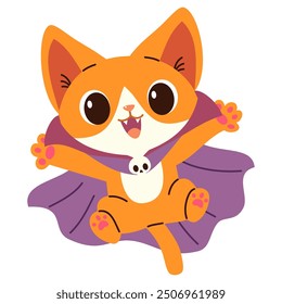 Flat vector illustration in children's style on white background. Cute kitten in Dracula costume. Funny illustration for Halloween 