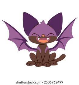 Flat vector illustration in children's style on white background. Cute kitten in bat costume. Funny illustration for Halloween 
