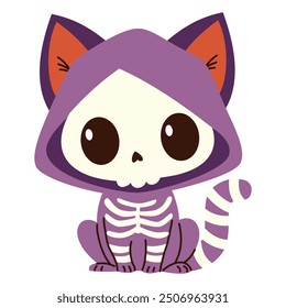 Flat vector illustration in children's style on white background. Cute kitten in skeleton costume. Funny illustration for Halloween 