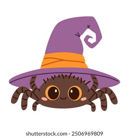 Flat vector illustration in children's style on white background. Cute spider in a witch's hat. Funny illustration for Halloween 