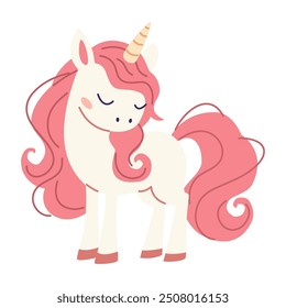 Ilustración vectorial plana en estilo infantil. Lindo unicornio pony con melena rosa