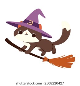 Flat vector illustration in children's style. Cute kitten in a witch's hat flying on a broomstick. Illustration for Halloween holiday 